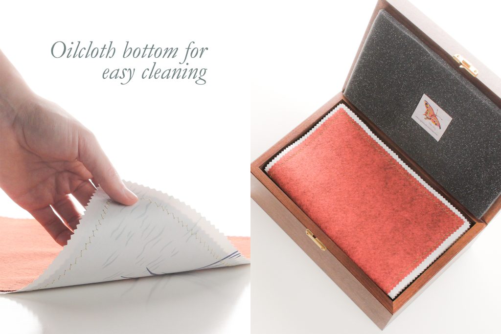 Cloth mat (approx. 14 inches x 11 inches) to set the table for your chalice, paten, and cups. The bottom side is "oilcloth" cleanable by wiping with soap and water or sanitizer and the top side is a woolblend felt which is washable.