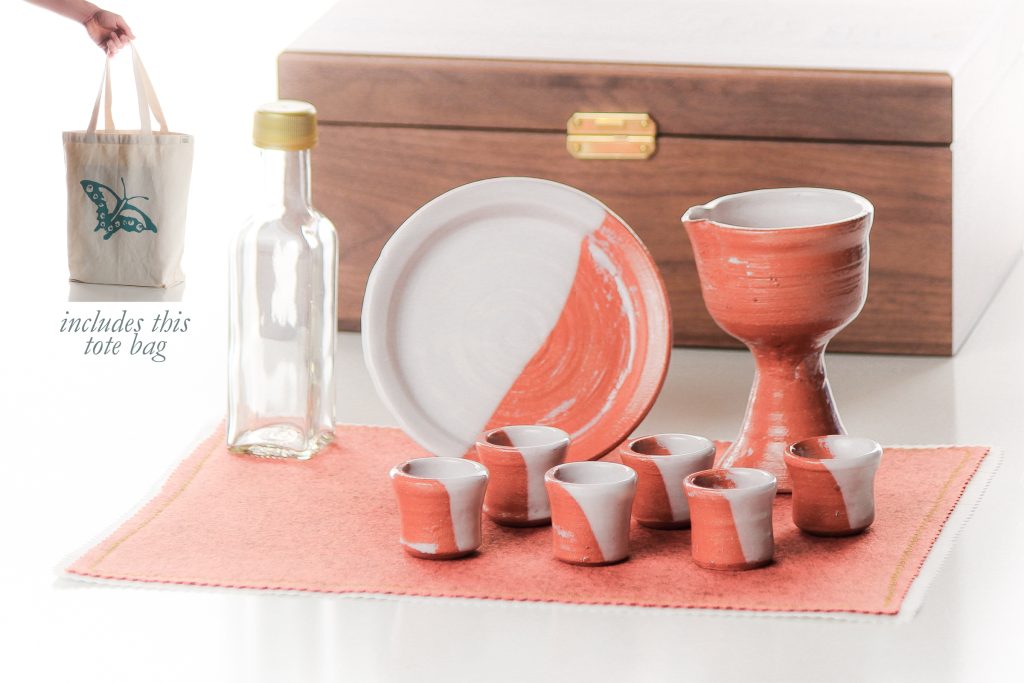 Hand-thrown and decorated ceramic communion chalice (approx. 4 1/2 inches tall), paten (approx. 5 inches diam.), and six cups (approx. 1 1/2 inches tall). These can be sanitized in the dishwasher when needed.