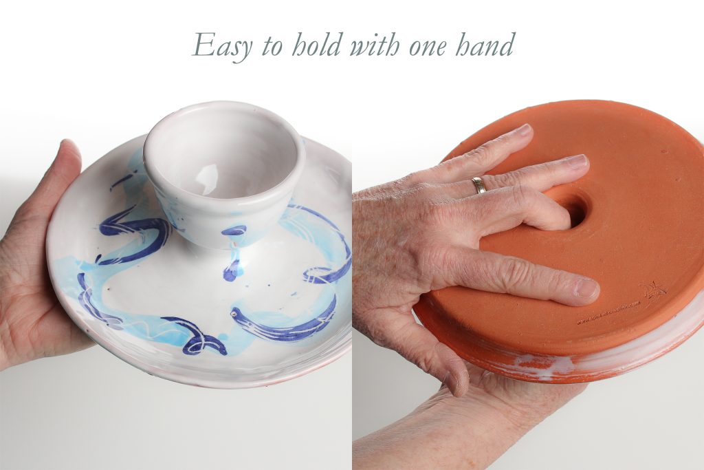 One hand to hold the communion tray with attached chalice cup, and one hand to assist those you are serving! There is a fingerhold (a hole in the stem of the chalice) in which to place your finger, which gives a firm control of the paten (tray). This allows you to serve the elements with one hand, freeing your other hand to hold a paper or booklet, or to assist those you are serving.
