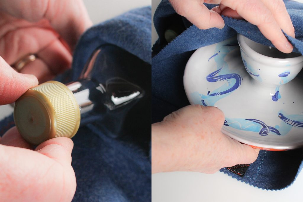There is also a felt bag around the communion chalice/paten with a pocket for the glass wine or juice bottle. This felt bag enclosing the pottery fits snugly but easily into the carved foam piece in the tote.