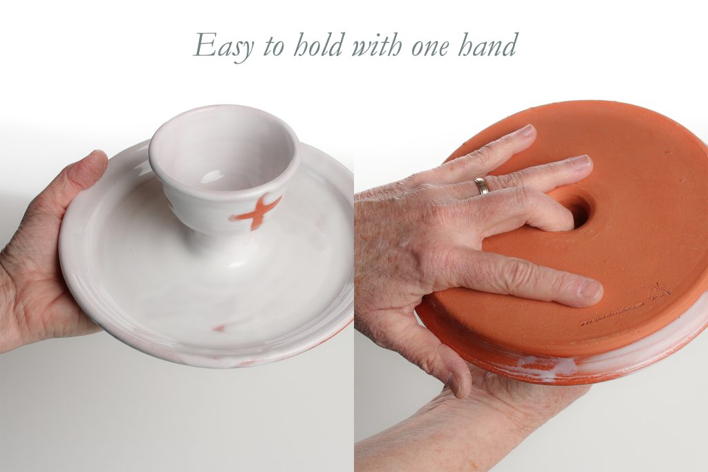 One hand to hold the communion tray with attached chalice cup, and one hand to assist those you are serving! There is a fingerhold (a hole in the stem of the chalice) in which to place your finger, which gives a firm control of the paten (tray). This allows you to serve the elements with one hand, freeing your other hand to hold a paper or booklet, or to assist those you are serving.