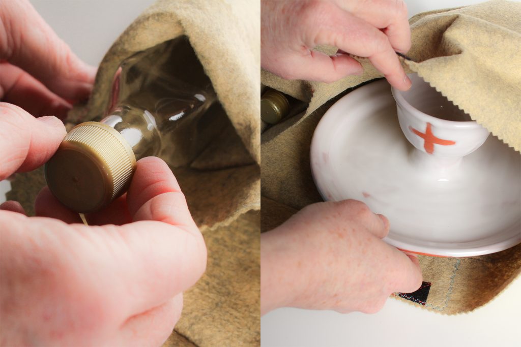There is also a felt bag around the communion chalice/paten with a pocket for the glass wine or juice bottle. This felt bag enclosing the pottery fits snugly but easily into the carved foam piece in the tote.
