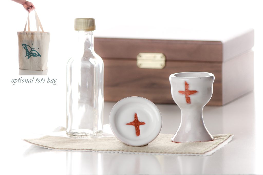 Handthrown and decorated ceramic communion chalice )approx. 3 1/2 inches tall). And paten (approx 2 1/4 inches dial.) These can be sanitized in the dishwasher when needed.