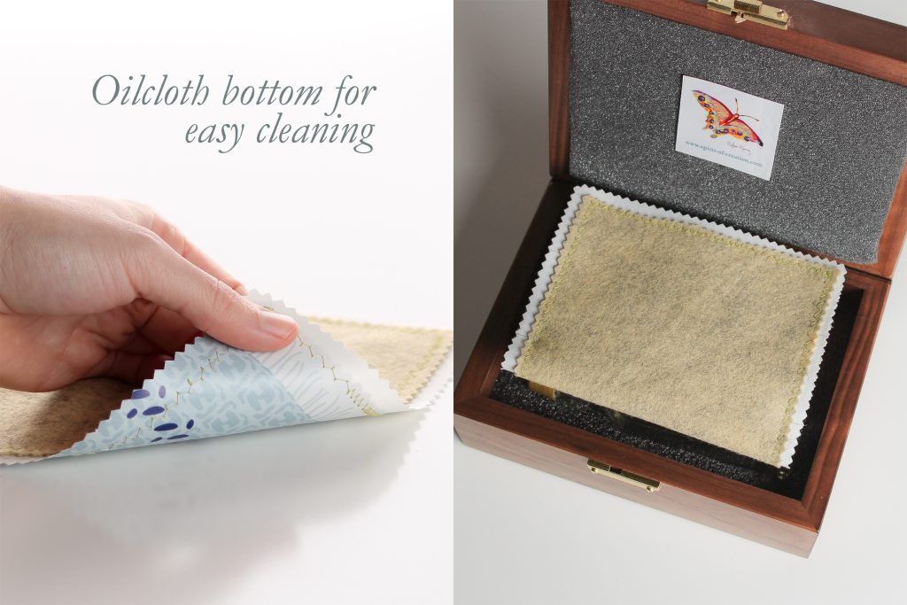 Cloth mat (approx. 10 inches x 7 inches) to set the table for your chalice and paten. The bottom side is "oilcloth" cleanable by wiping with soap and water or sanitizer and the top side is a woolblend felt which is washable.