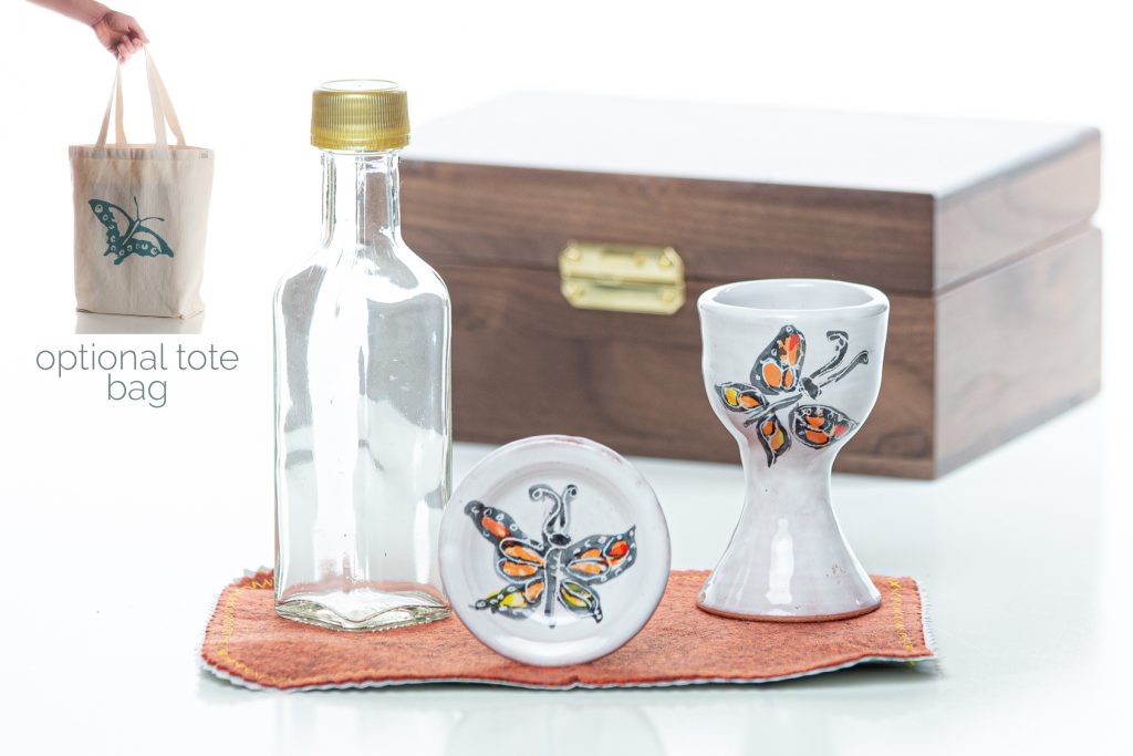 Portable ceramic communion set butterfly visitation chalice