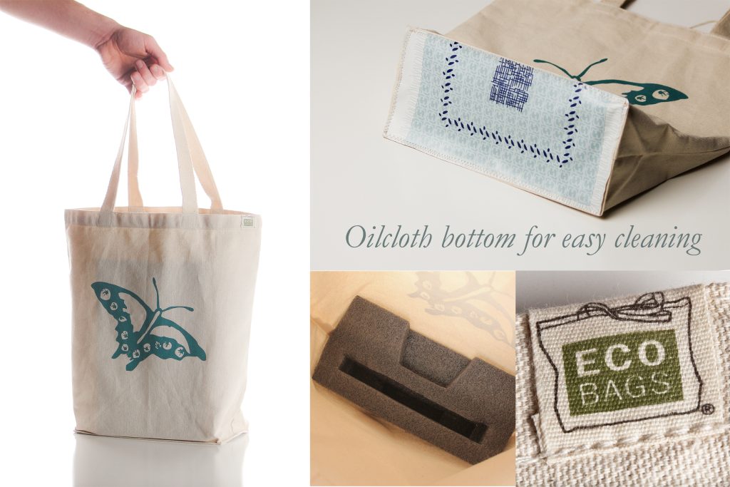 The tote has a cleanable "oilcloth" bottom on the outside (nice for setting your bag down in a hospital or nursing home). There is also room for a small loaf of bread, Bible, or other materials you need for your visit. This bag is custom made with my butterfly logo by EcoBags, which certifies that the bags are recycled cotton, made "fair wage, fair labor" and their saying is that they are "cleaning up the planet one bag at a time." We support their efforts! I sew the "oilcloth" (vinyl) on the bottom. Note that the pattern on the oilcloth will vary from what is pictured.